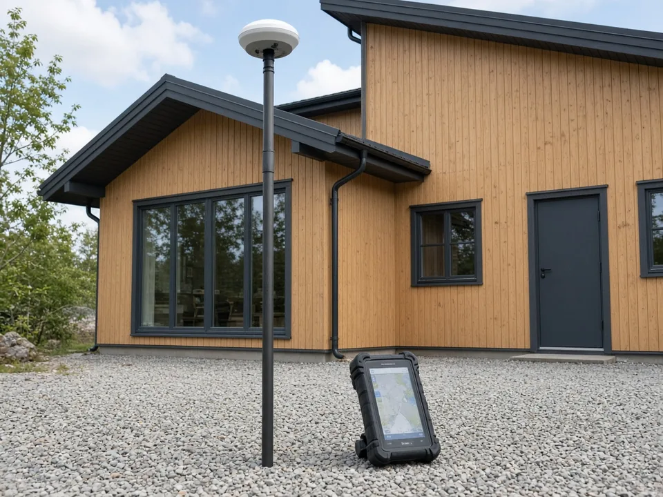GNSS-mätning med antenn på stång och handenhet, framför ett hus.